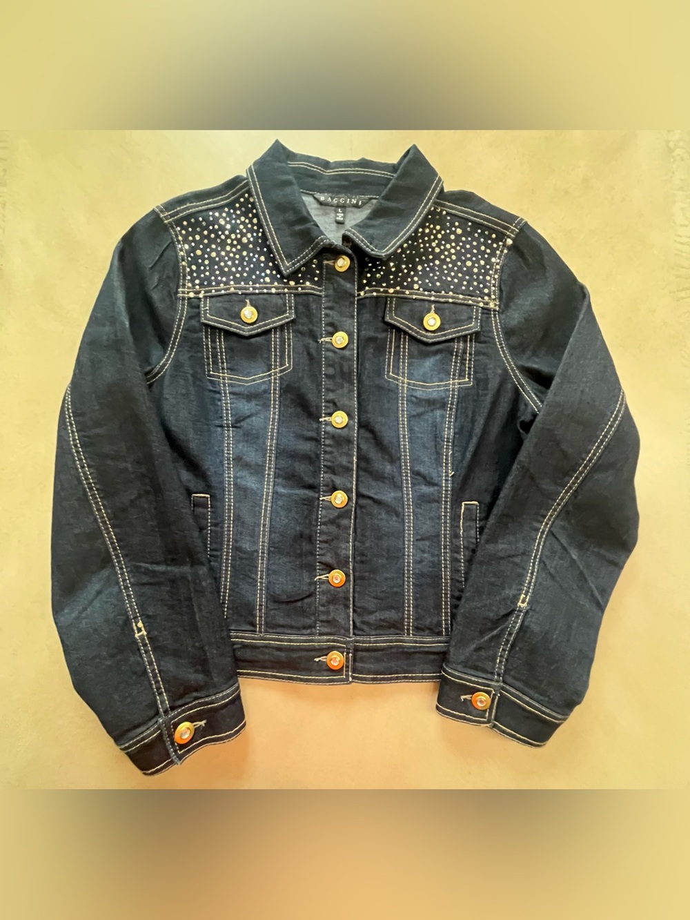 Vintage Baccini Dark Wash Y2K Studded Rhinestones Boho Jean Jacket Size Large